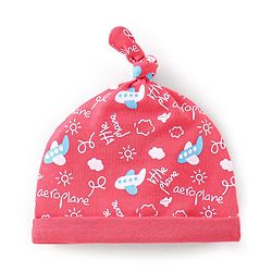 Babyhug 100% Cotton Knit Cap Air Plane Print- Red