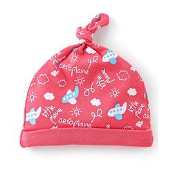 Babyhug 100% Cotton Knit Cap Air Plane Print- Red