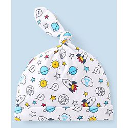 Babyhug 100% Cotton Knit Cap Space Print -White