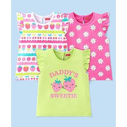 Babyhug Cotton Knit Frill Sleeves Floral & Cherries Printed T-Shirts Pack of 3 - Multicolour