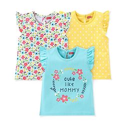 Babyhug Cotton Knit Sleeveless T-Shirt with Frill Floral & Dot Graphics Pack of 3- Blue & Yellow