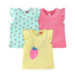 Babyhug Cotton Knit Frill Sleeves Strawberries & Polka Dots Printed T-Shirts Pack of 3 - Multicolor