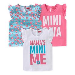 Babyhug Cotton Knit Frill Sleeves T-Shirts Floral & Text Print Pack of 3 - Multicolour