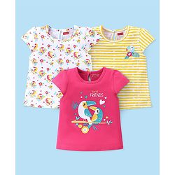 Babyhug Cotton Knit Cap Sleeves T-Shirts Toucan Bird Print Pack of 3 - Pink White & Yellow