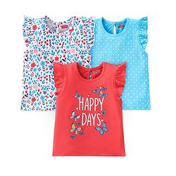 Babyhug Cotton Knit Sleeveless T-Shirt with Frills Floral & Dot Graphics Pack of 3- Blue & Red