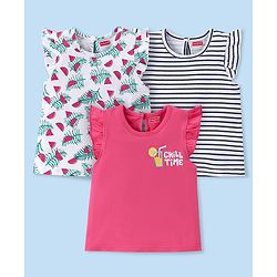 Babyhug 100% Cotton Knit Half Sleeves T-Shirt With Watermelon Graphics & Frill Detailing Pack Of 3- Multicolour