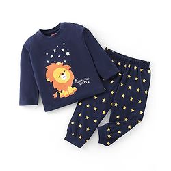 Babyhug Cotton Knit Single Jersey Full Sleeves Lion & Star Print Night Suit - Navy Blue