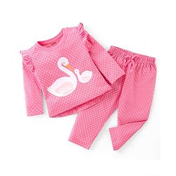 Babyhug Cotton Single Jersey Knit Full Sleeves Swan & Dot Print  Night Suit  - Pink