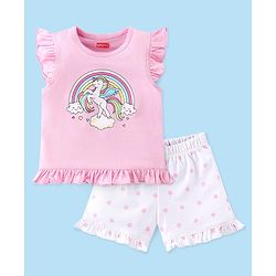 Babyhug Cotton Knit Half Sleeves Night Suit Unicorn Print -Pink
