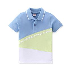 Babyhug Cotton Knit Half Sleeves Polo Cut & Sew T-Shirt with Text Graphic Print - Blue & Green