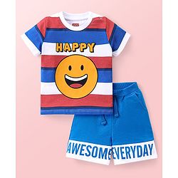 Babyhug Single Jersey Knit Half Sleeves T-Shirt And Shorts Set Stripes & Emoji Print - Red White & Blue