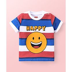Babyhug Single Jersey Knit Half Sleeves T-Shirt And Shorts Set Stripes & Emoji Print - Red White & Blue