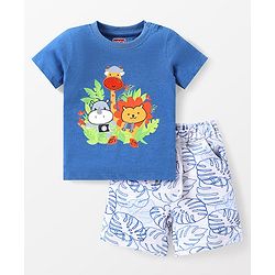 Babyhug Single Jersey Knit Half Sleeves T-Shirt & Shorts Set with Animal Print - Blue & White