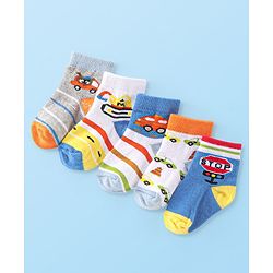 Cute Walk By Babyhug Anti Bacterial Cotton Rich Non Terry Ankle Length Socks Stripes & Car Deign Pack Of 5 - Multicolor
