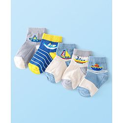 Cute Walk By Babyhug Anti-Bacterial Ankle Length Socks Boat & Stripes Design  Pack Of 5- Blue Grey & White