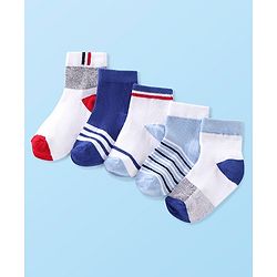 Cute Walk by Babyhug Cotton Blend Rich Non Terry Antibacterial Ankle Length Socks Striped Design Pack of 5 - Blue & White