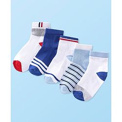 Cute Walk by Babyhug Cotton Blend Rich Non Terry Antibacterial Ankle Length Socks Striped Design Pack of 5 - Blue & White