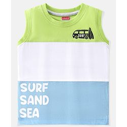 Babyhug 100% Cotton Sleeveless Cut & Sew T-Shirt Text Print - Lime White & Blue