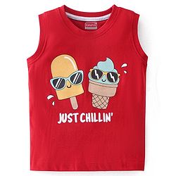 Babyhug Cotton Knit Sleeveless T-Shirt with Ice Cream Graphic Print - Red