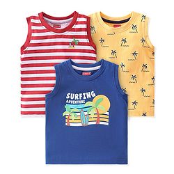 Babyhug Cotton Knit Sleeveless T-Shirt Tree Text & Stripe Print Pack of 3- Blue Red & Yellow