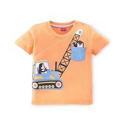 Babyhug Cotton Knit Half Sleeves Penguin & Construction Vehicle Printed T-Shirt - Peach