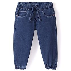 Babyhug Denim Full Length Joggers with Stretch- Dark Blue