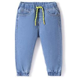 Babyhug Denim Full Length Joggers with Stretch - Medium Blue