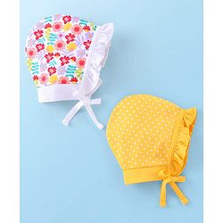 Babyhug 100% Cotton Caps Floral Print Pack of 2 - White & Yellow