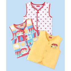 Babyhug 100% Cotton Sleeveless Front Open Jhabla Camp Theme Print Pack Of 3 - Yellow & White