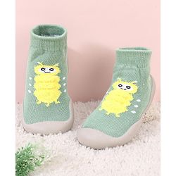 Cute Walk by Babyhug Solid Color Socks Shoe with Caterpillar Design - Green