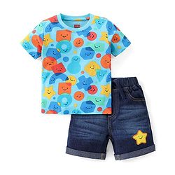 Babyhug Single Jersey Knit Half Sleeves T-Shirt & Denim Shorts Set With Geometrical Shapes Print - Blue