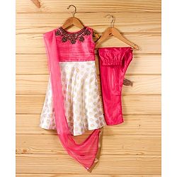 Babyhug Sleeveless Kurti & Churidar Set With Dupatta - Pink