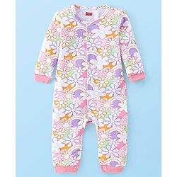 Babyhug 100% Cotton Knit Full Sleeves Floral Print Romper - Pink