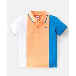 Babyhug 100% Cotton Knit Half Sleeves Polo T-Shirt With Embroidery Detailing - White Orange & Blue