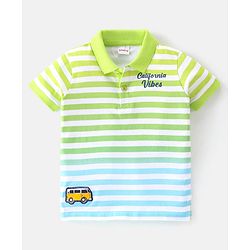 Babyhug 100% Cotton Knit Half Sleeves Polo T-Shirt With Striped & Van Patch - White Green & Blue