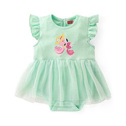 Babyhug 100% Cotton Knit Frill Sleeves Flamingo Printed Frock Style Onesie - Green