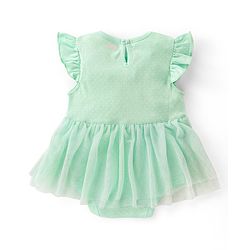 Babyhug 100% Cotton Knit Frill Sleeves Flamingo Printed Frock Style Onesie - Green