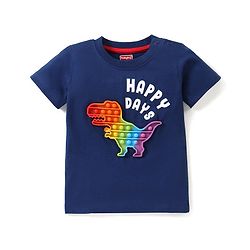 Babyhug Cotton Knit Half Sleeves T-Shirt with Pop It Dino Applique  & Text Print - Navy Blue