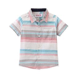 Babyhug 100% Cotton Woven Half Sleeves Mandarin Collar Stripe Shirt- Multicolour