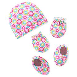 Babyhug 100% Cotton Knitted Cap Mittens & Booties with Floral Print- Pink