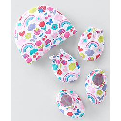 Babyhug 100% Cotton Knit Cap Mittens & Booties  Rainbow Print White - Diameter 11.5cm
