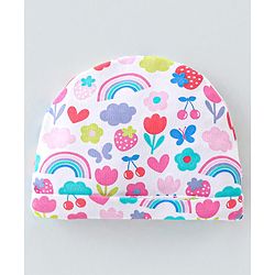 Babyhug 100% Cotton Knit Cap Mittens & Booties  Rainbow Print White - Diameter 11.5cm