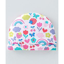 Babyhug 100% Cotton Knit Cap Mittens & Booties  Rainbow Print White - Diameter 11.5cm