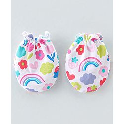 Babyhug 100% Cotton Knit Cap Mittens & Booties  Rainbow Print White - Diameter 11.5cm