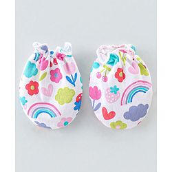 Babyhug 100% Cotton Knit Cap Mittens & Booties  Rainbow Print White - Diameter 11.5cm