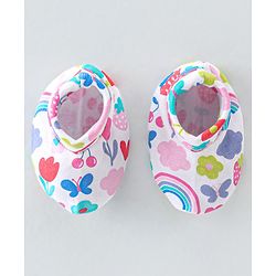 Babyhug 100% Cotton Knit Cap Mittens & Booties  Rainbow Print White - Diameter 11.5cm