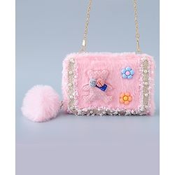 Babyhug Sling Bag with Teddy Applique & Fur Zipper - Pink