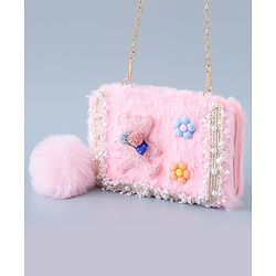 Babyhug Sling Bag with Teddy Applique & Fur Zipper - Pink