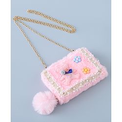Babyhug Sling Bag with Teddy Applique & Fur Zipper - Pink