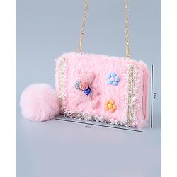 Babyhug Sling Bag with Teddy Applique & Fur Zipper - Pink